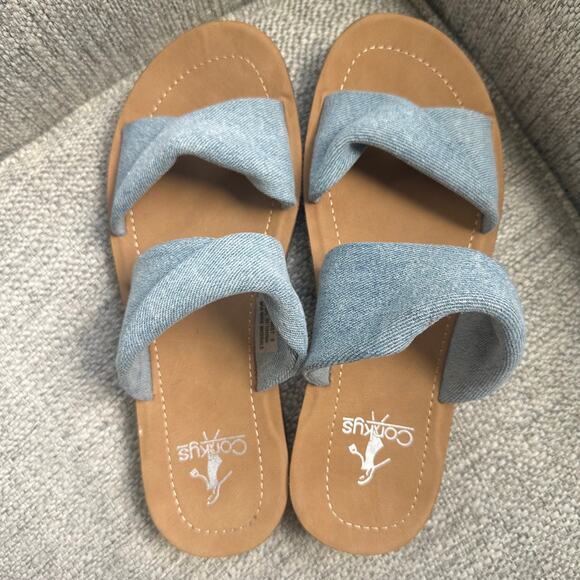 Corkys With A Twist NWOT Sz 6 Blue Brown Chambray Slip On Women's Sandals - Picture 1 of 5